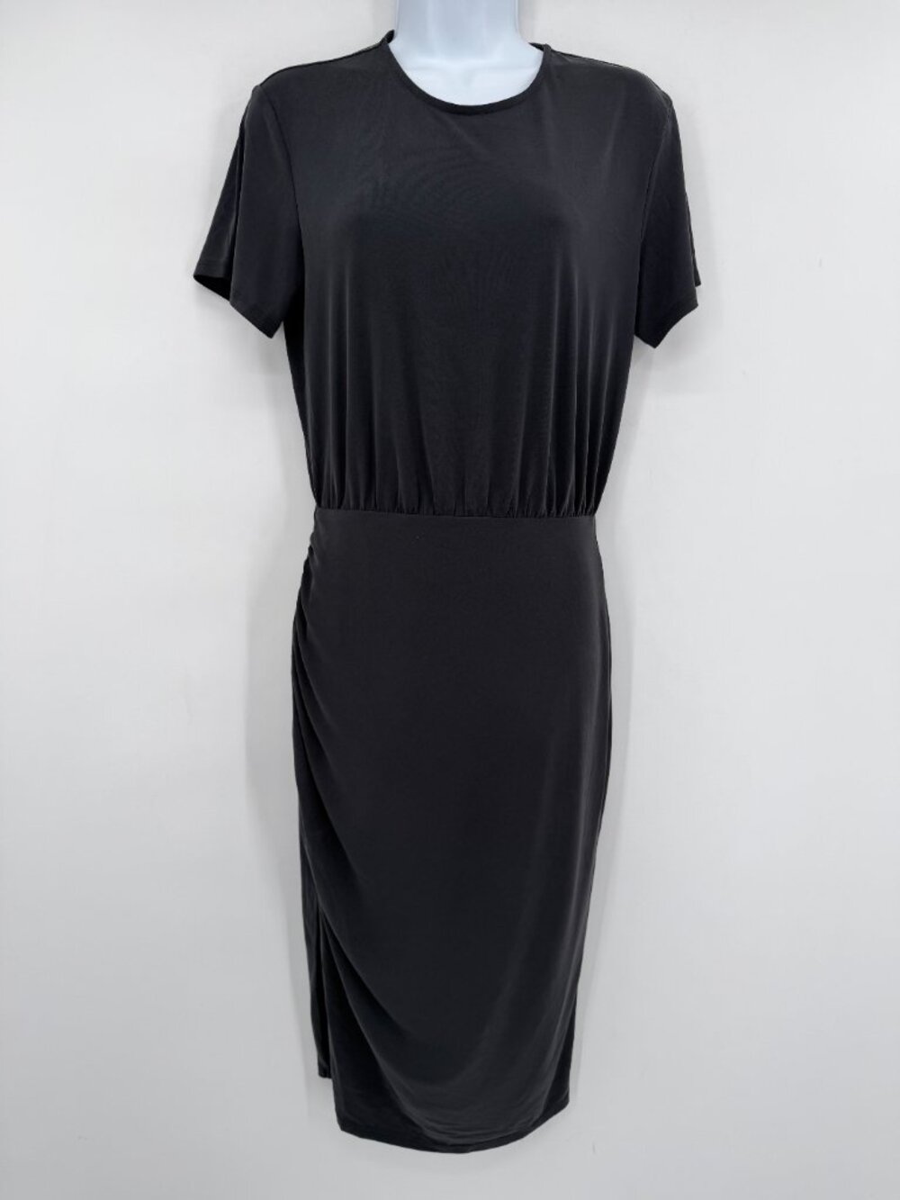 Express Black Draped Midi Dress NWT S Short Sleeve Ruched Modal Stretch